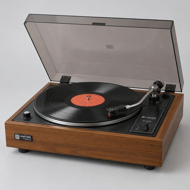 Gramofon z drewnianą obudową i otwartą pokrywą